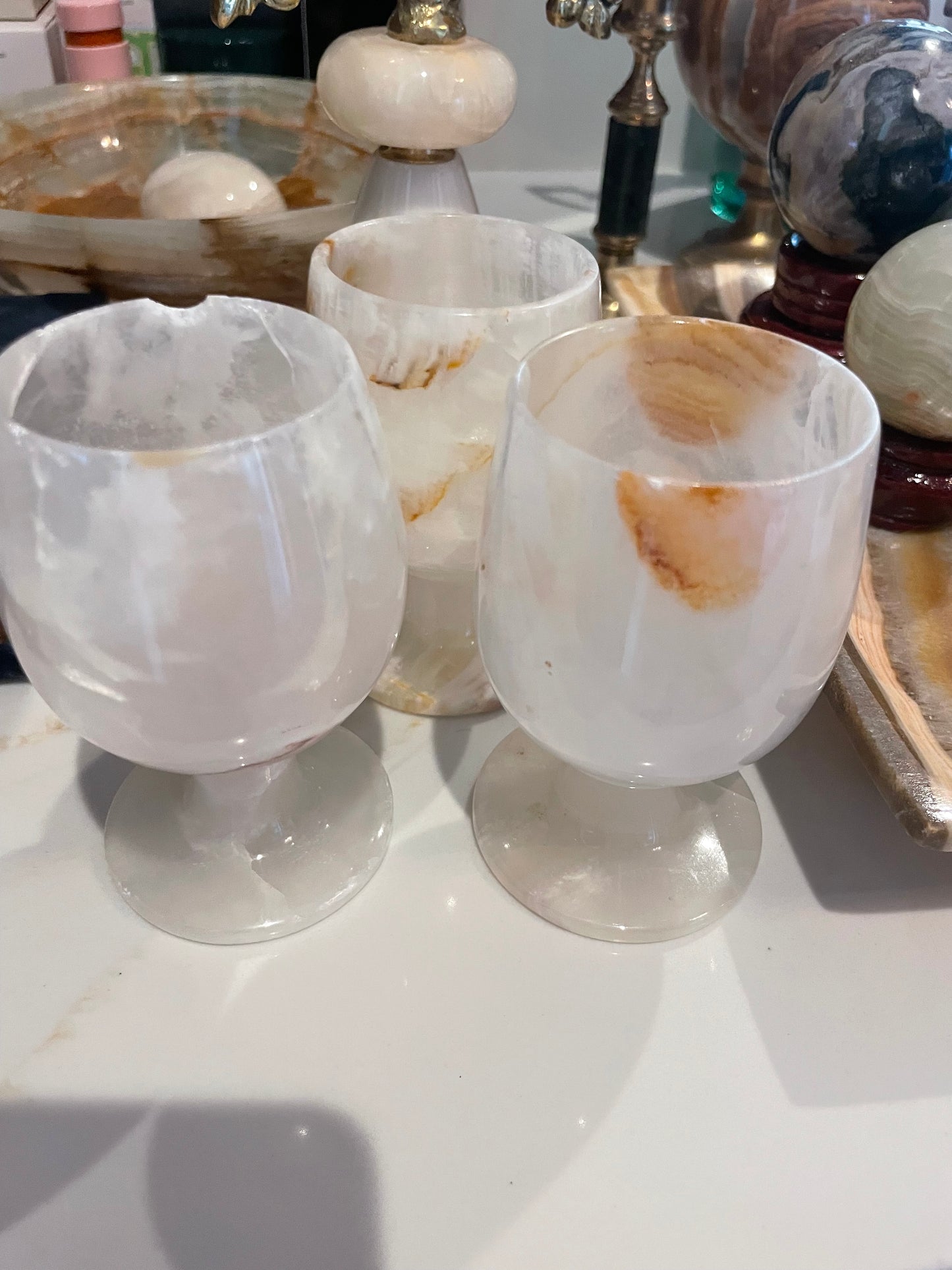 3 small cream onyx cordial glasses set