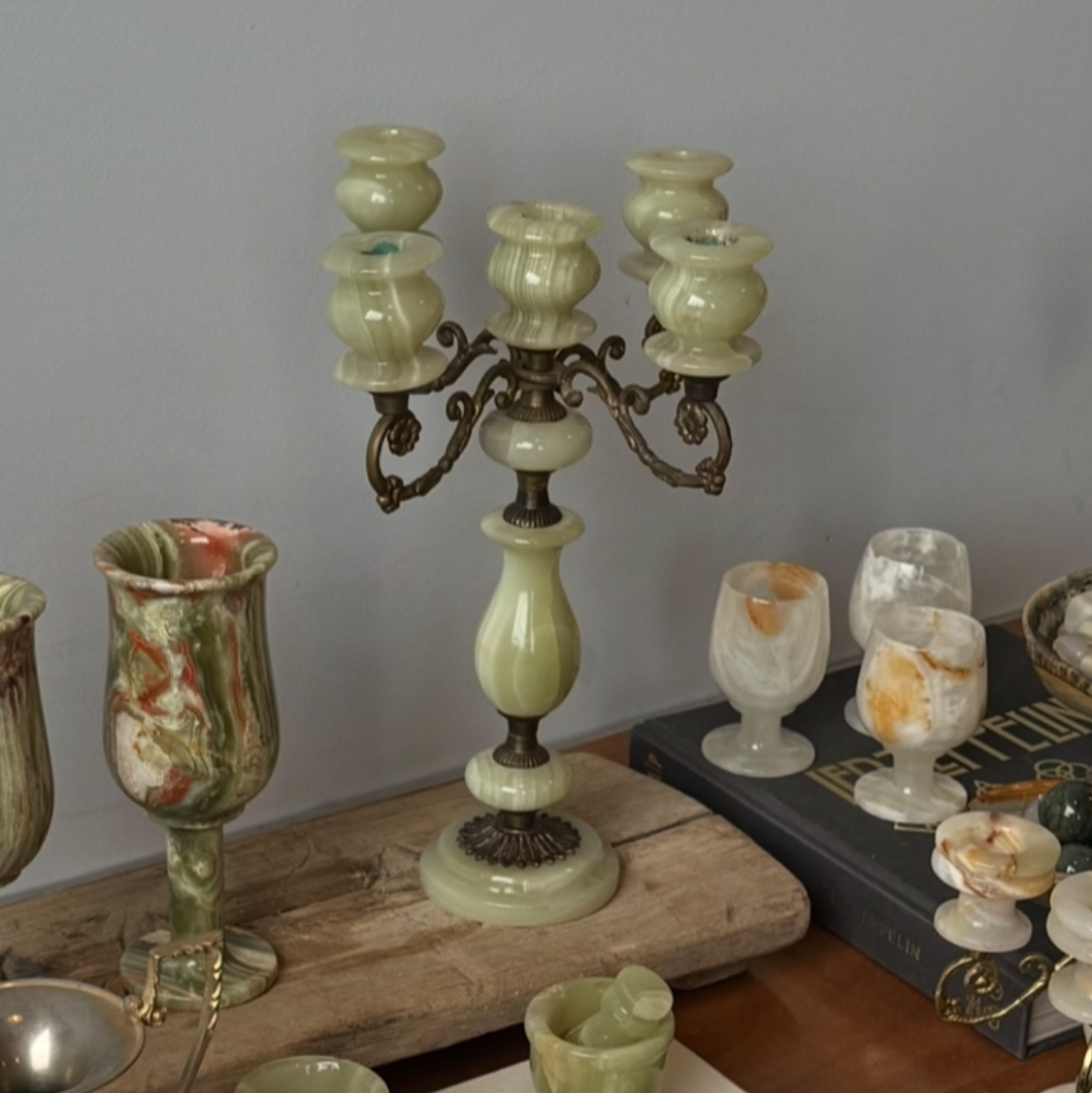 Vintage tall green onyx candelabra from France