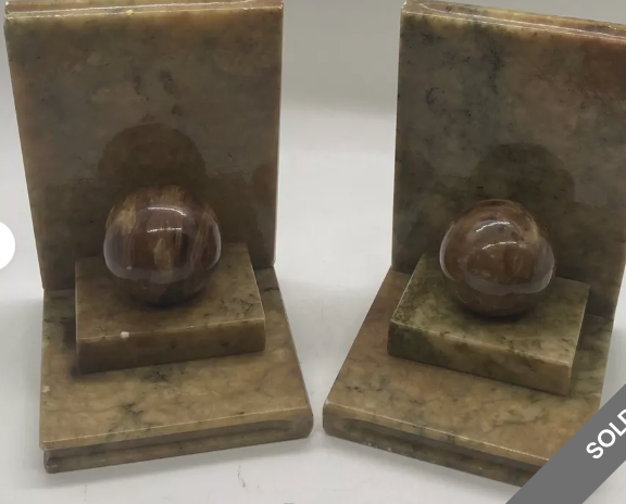2 VINTAGE ALABASTER MARBLE SPHERE GLOBE BALL BOOKENDS ART DECO MCM ITALY