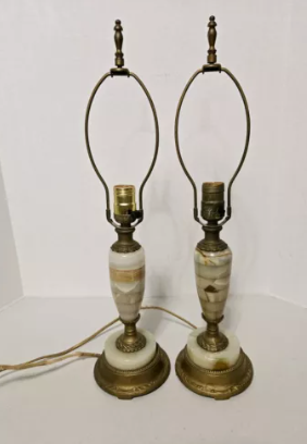 Antique Pair of 1940s Grahn Art Deco Brass & Genuine Onyx Electric Table Lamps