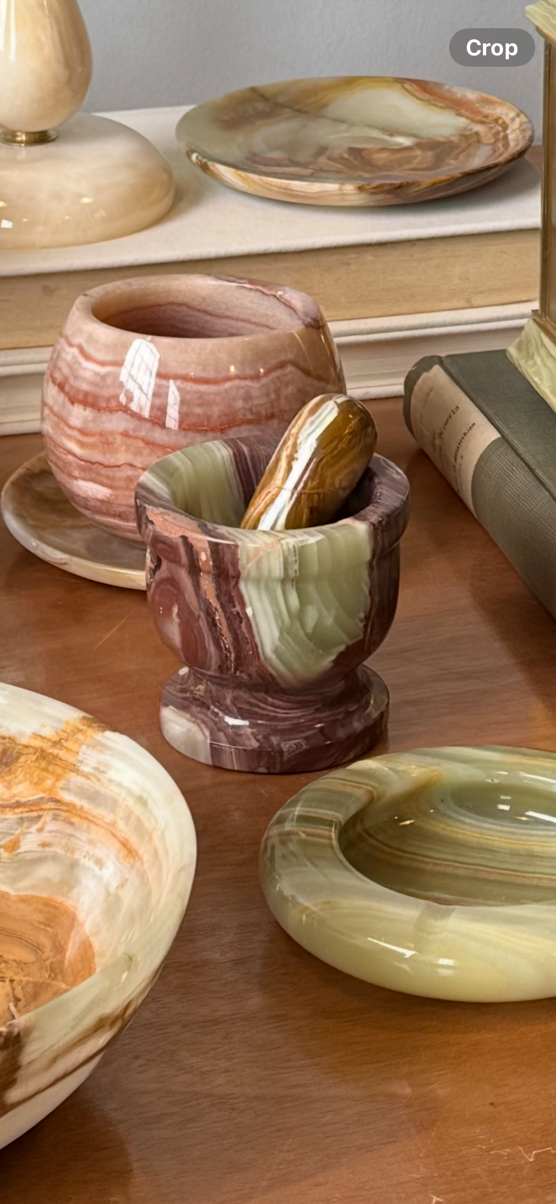 small brown and green onyx mortar and pestle