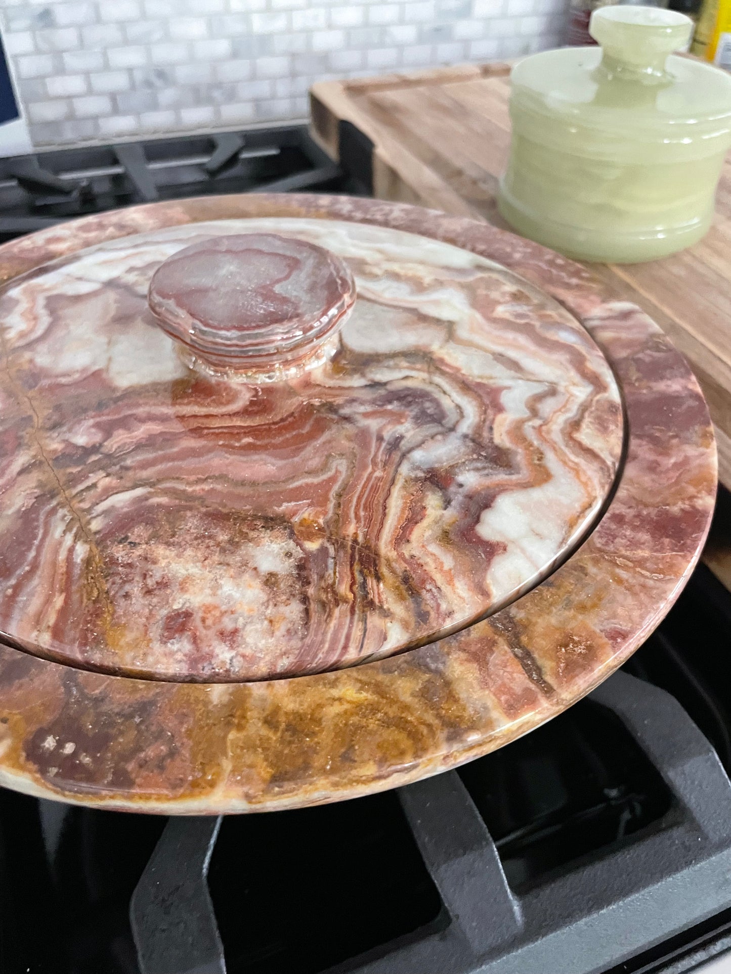 one-of-a-kind lidded casserole serving dish, red/brown onyx