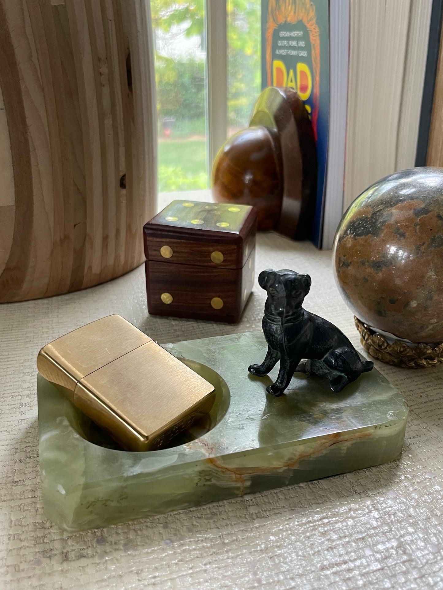 VTG Green Onyx Dish W Bronze Dog Trinket Ring Ashtray Coin Dish Italy 5” X 3”