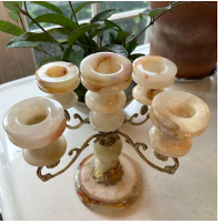 5 arm cream marble, onyx, and brass candelabra