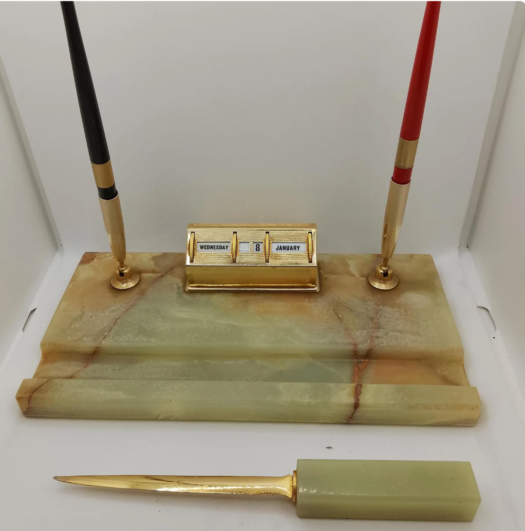 Vintage Onyx Desk Pen Holder & Perpetual Calendar with Letter Opener and Pens