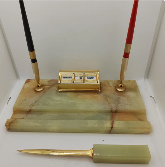 Vintage Onyx Desk Pen Holder & Perpetual Calendar with Letter Opener and Pens