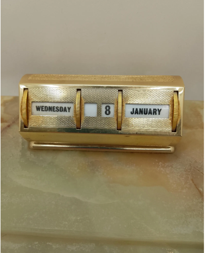 Vintage Onyx Desk Pen Holder & Perpetual Calendar with Letter Opener and Pens