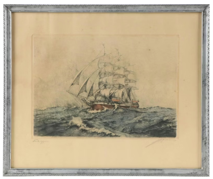 NAUTICAL HAND COLORED ETCHING OF SHIP