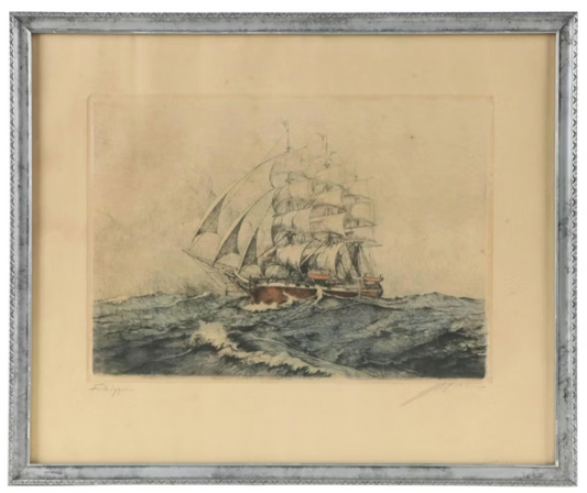 NAUTICAL HAND COLORED ETCHING OF SHIP