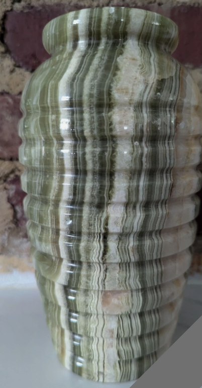 Vintage multicolored onyx and marble ribbed vase 8"